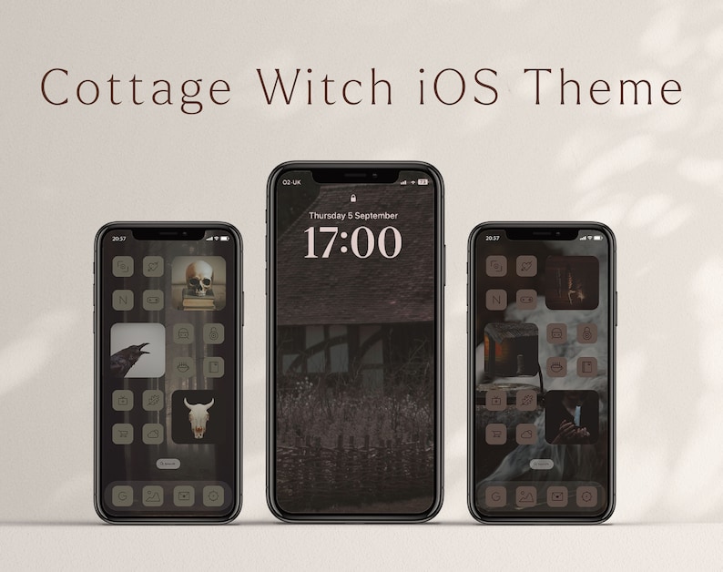 Dark, murky misty and mysterious cottage witch aesthetic phone theme, three phones with examples of the themes in action: Dark muted earthy tones and images of crows,skulls, candles and other witchy themes. Everything you need for spooky season.
