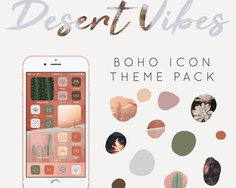 Desert vibes boho aesthetic, Iphone iOS 14 app icons theme pack: Screen aesthetic bundle with wallpaper, icons and widgets