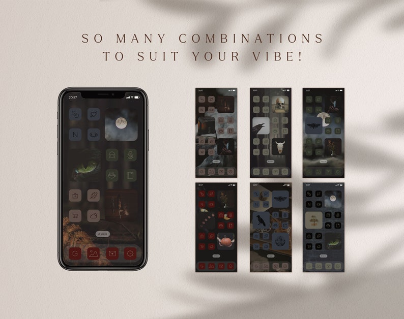 mockups showing examples of variations of the themes - how icons, images and wallpapers can be combined to create a unique phone theme customization