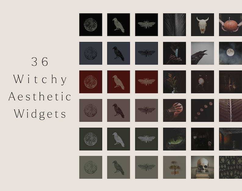 36 witchy aesthetic widgets: a mixture of photographic images and antique engravings of crows moons and moths. Muted dark tones of inky black, midnight blue, dark red, dark green and olive green & images  like cats, skulls, dried herbs & pumpkins