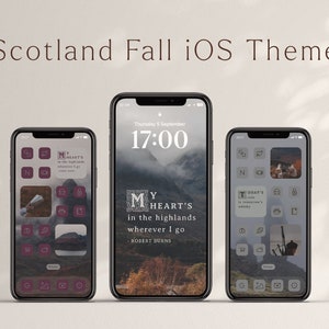 Pode incluir: Três maquetes de iPhone que exibem um tema iOS personalizado com uma estética de outono. O tema apresenta um fundo cinza escuro com detalhes marrons e uma citaat de Robert Burns: "Meu coração está nas terras altas, para onde quer que eu vá."