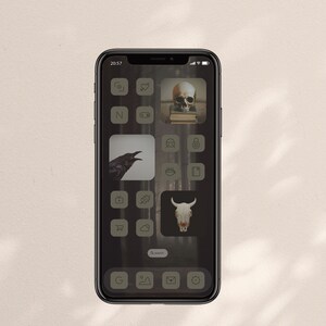spooky woods wallpaper with grey-green icons and widgets with pictures of skulls, books and a raven