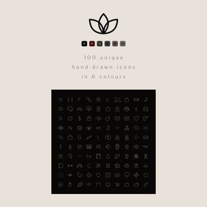 100 unique hand drawn icons in 6 dark, muted, earthy colours from grey-brown, olive greens, midnight blue, maroon, inky black: Broom, Hawthorn, Moss, Mugwort, Squid Ink & Shadows