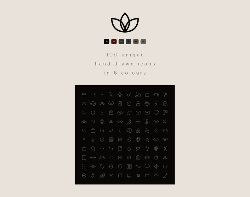 100 unique hand drawn icons in 6 dark, muted, earthy colours from grey-brown, olive greens, midnight blue, maroon, inky black: Broom, Hawthorn, Moss, Mugwort, Squid Ink & Shadows