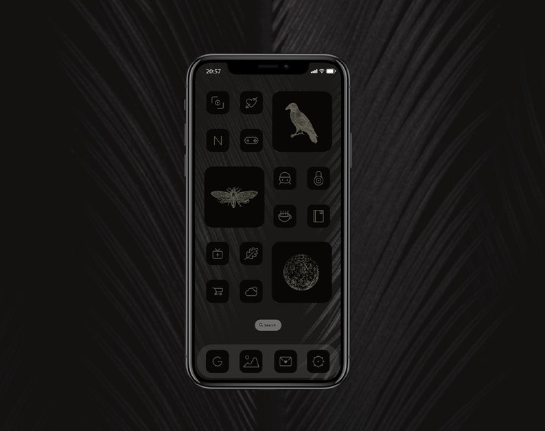 dark witchy aesthetic phone theme showing a mockup of the app icons, widgets and wallpapers used together: vintage engravings of a raven, a moth and the moon, and dark icons all matching