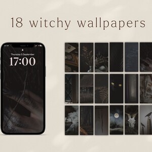 18 dark witchy aesthetic wallpapers: a mixture of various esoteric backgrounds, dried herbs, raven feathers, moons, cauldrons, creepy woods and black cats.