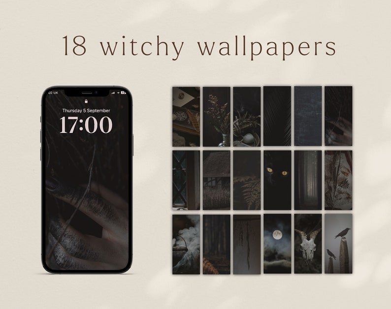 18 dark witchy aesthetic wallpapers: a mixture of various esoteric backgrounds, dried herbs, raven feathers, moons, cauldrons, creepy woods and black cats.
