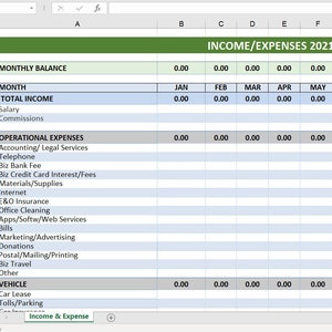 May include: A spreadsheet with a green header that reads "INCOME/EXPENSES 2021 - John Smith". The spreadsheet is divided into columns for each month of the year, with rows for different income and expense categories. The spreadsheet is blank, with no data entered.
