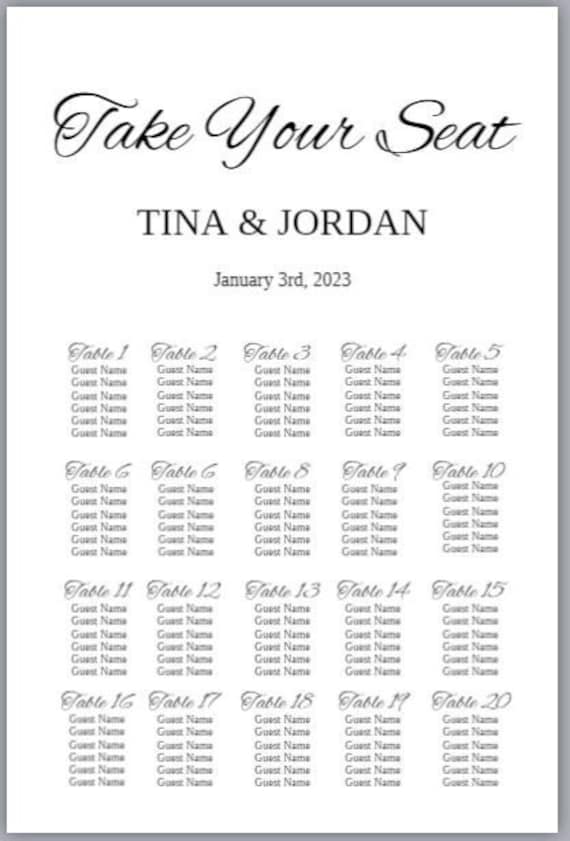 Classic Wedding Seating Chart Template Elegant Wedding Etsy