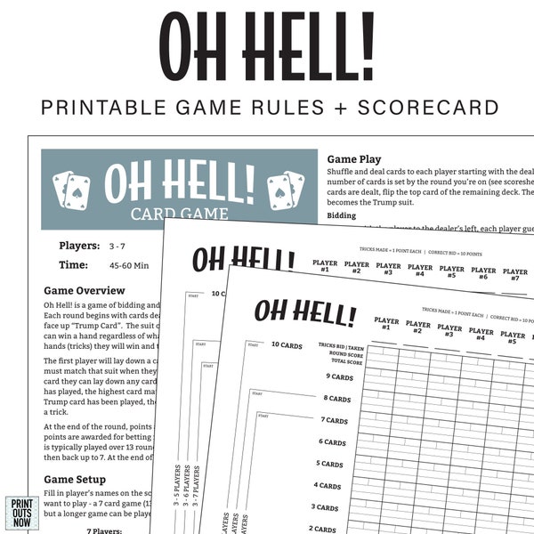 Printable Oh Hell! Games Rules & Score Sheet - Elevator, Bust, Up and Down the River, etc. - A4 and Letter Sizes Included!