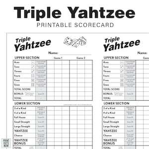 Printable Triple Yahtzee Scorecards Scorepad - Print as many as you need! - 8.5x11 and A4 Included