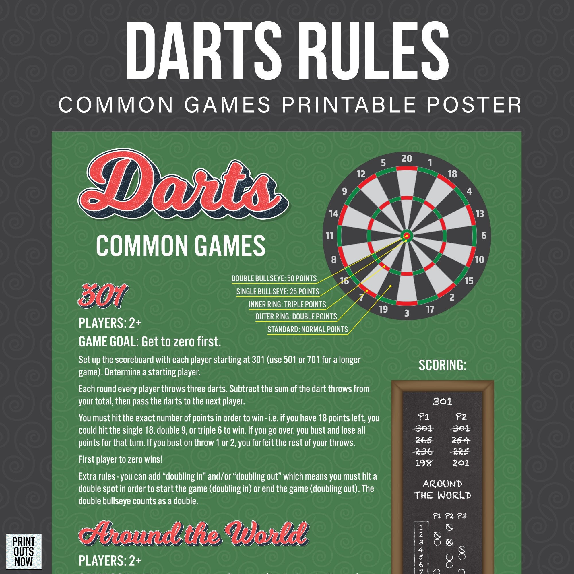 Printable Darts Common Game Rules Ready To Hang Frame Etc Print Ready 