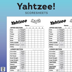 Yahtzee Scorecards - Print at Home Downloadable Files! - Print Unlimited Yahtzee! Score Sheets
