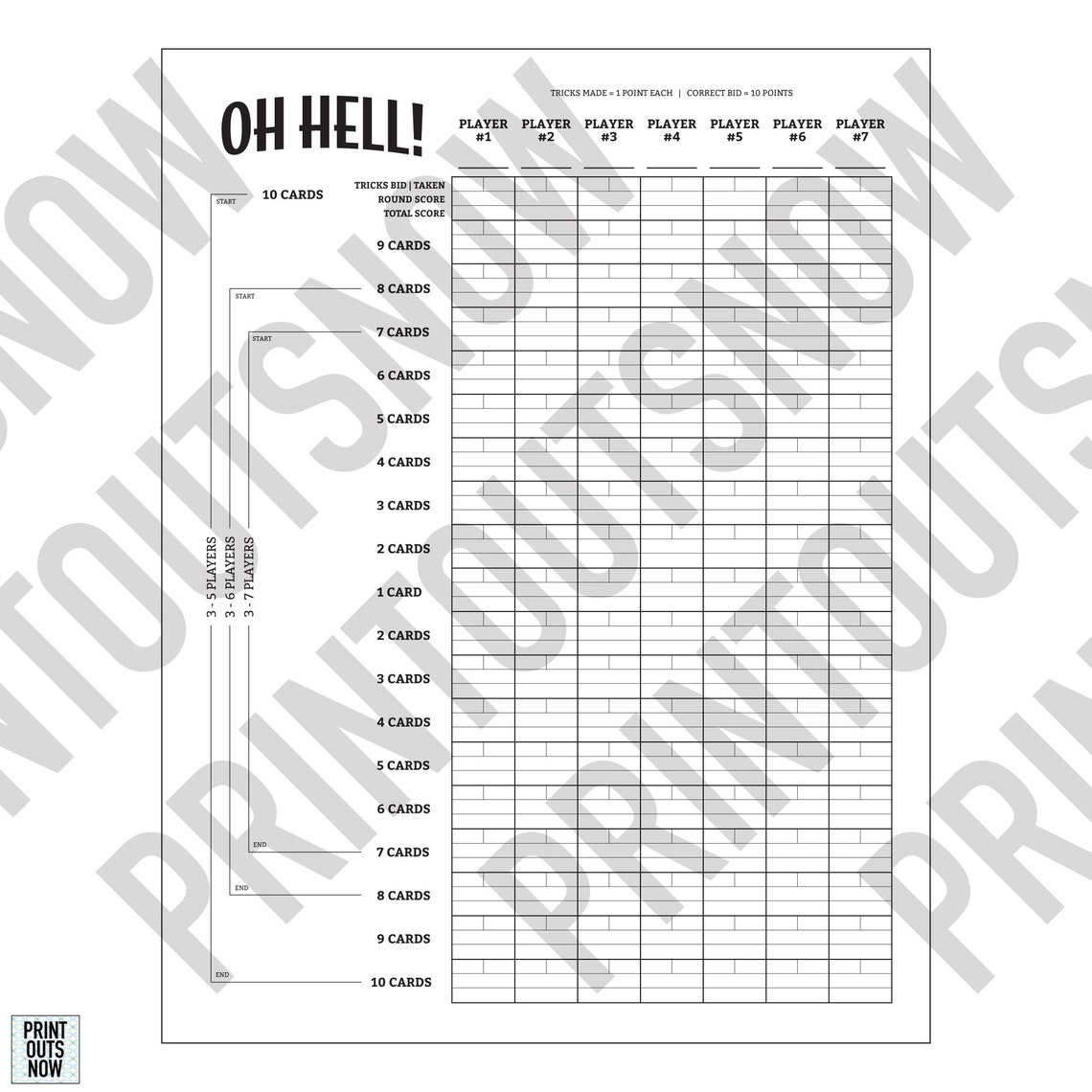 Printable Oh Hell! Games Rules &amp; Score Sheet - Elevator, Bust, up and ...