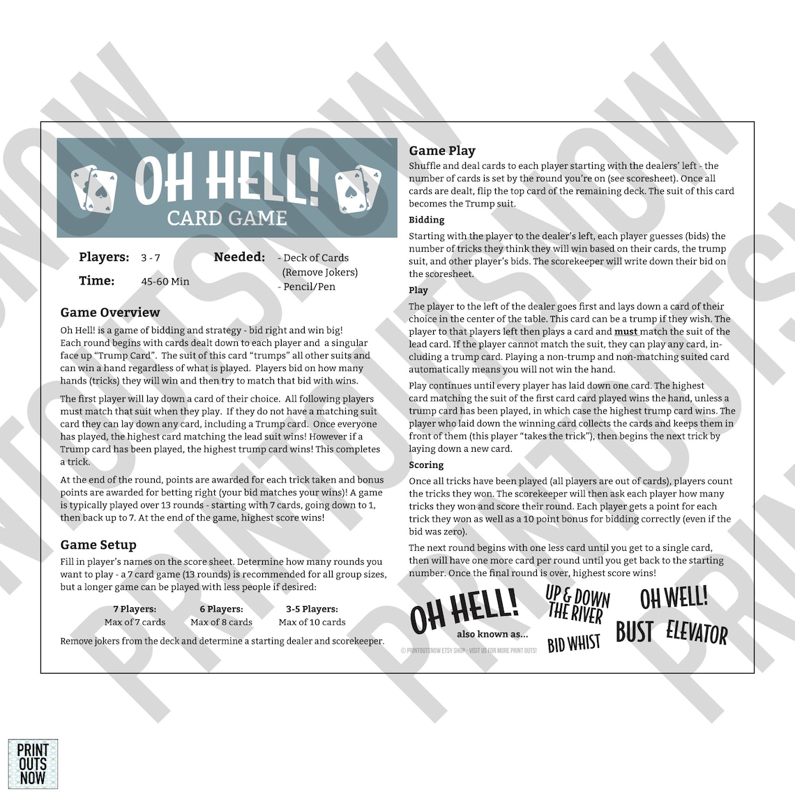 Printable Oh Hell Games Rules & Score Sheet Elevator, Bust, up and Down