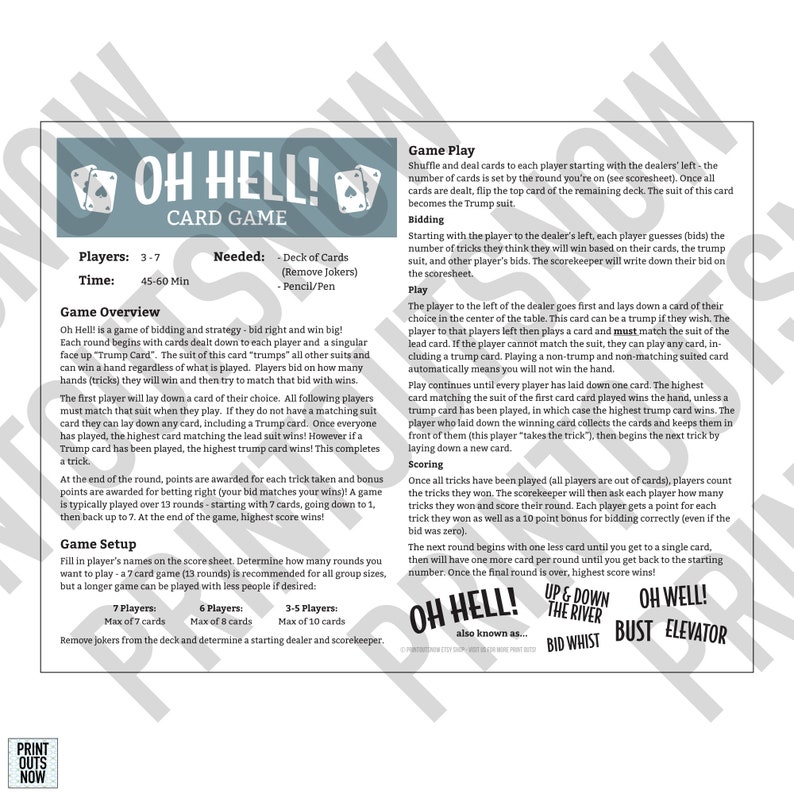Printable Oh Hell Games Rules & Score Sheet Elevator, Bust, up and Down
