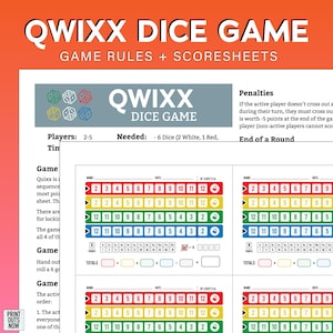 May include: A game board for the Qwix Dice Game. The board has two sections, each with a grid of numbers from 2 to 12. The grid is used to track the players' scores. The game is for 2-5 players and requires 6 dice (2 white, 1 red, 1 green, 1 blue, 1 yellow).