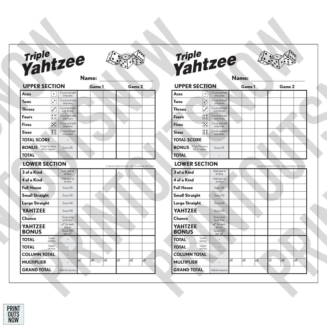 Printable Triple Yahtzee Scorecards Scorepad - Print as Many as You ...