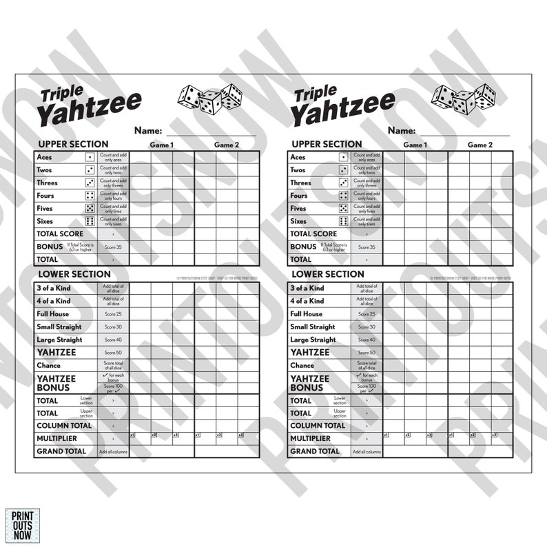 Printable Triple Yahtzee Scorecards Scorepad Print as Many as You Need