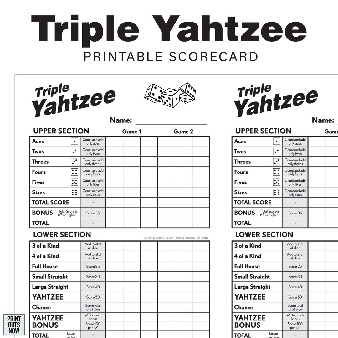 Printable Triple Yahtzee Scorecards Scorepad Print as Many as You Need
