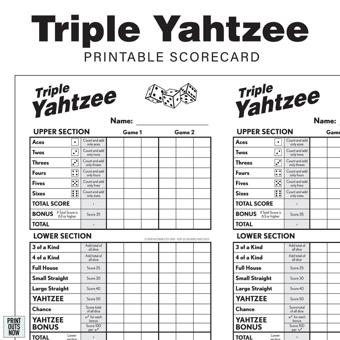 Printable Triple Yahtzee Scorecards Scorepad Print as Many Etsy