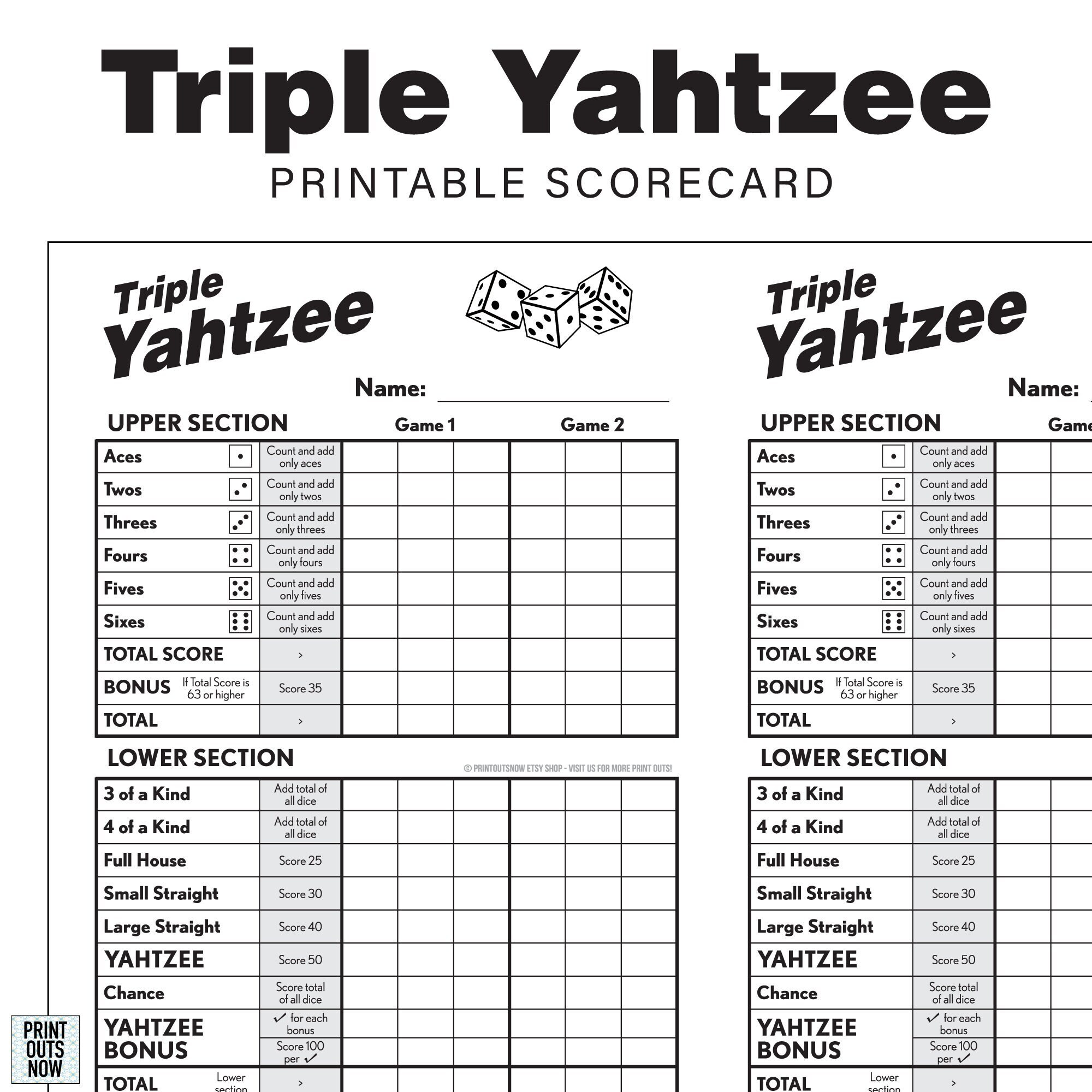 Triple Yahtzee Score Card Printable Triple Yahtzee Score Card Printable