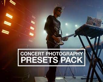 May include: A person playing an electric guitar on a stage, with stage lights in the background. The image has the text "CONCERT PHOTOGRAPHY PRESETS PACK" in a white box at the bottom. The person is wearing sunglasses and a black long-sleeve shirt.