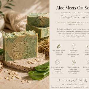 May include: A rectangular bar of Aloe Meets Oat Soap with a marbled green and beige surface featuring a sun logo and the text D-Body Care. The soap is displayed with raw oats, aloe vera leaves, and a text panel detailing ingredients and benefits.