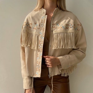 Embroidered Beige Denim Jacket, Western Style Fringe Jacket For Her, Tufty Boho Coat, Coachella Tunic, Nashville Nights Jacket