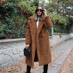 Women Single Button Teddy Midi Coat, Oversize Winter Coat, Christmas Coat, Women Warm Overcoat, Gift For Women, Long Teddy Jacket image 1