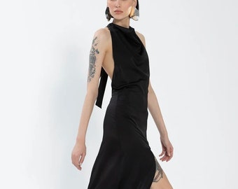 Black Satin Maxi Dress, Deep Slits Cocktail Dress, Long Black Dress with Degajet Collar, Elegant Backless Dress