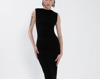Black Draped Fitted Dress, Formal Summer Dress, Pencil Cocktail Dress, Long Evening Dress with Gathered Detail, Elegant Midi Dress