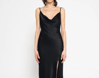 Black Sleeveless Cocktail Dress, Fitted Shiny Satin Dress, Formal Dress With Slit, Low-cut Neckline, Cocktail Gown