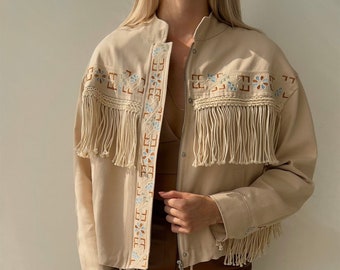 Embroidered Beige Denim Jacket, Western Style Fringe Jacket For Her, Tufty Boho Coat, Coachella Tunic, Nashville Nights Jacket