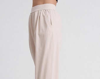 Women's Ivory Cotton Palazzo Trousers with Elastic Waist, Wide Leg High Waist Pants