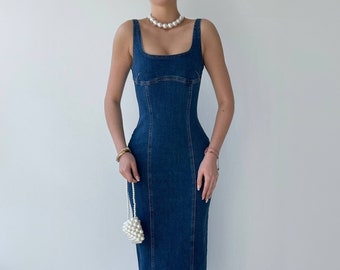 Long Denim Dress with Straps Retro Denim Dress Blue Jean Dress y2k Denim Street Style Dress