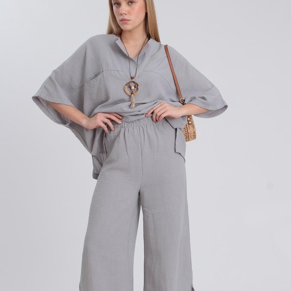 2Pc Set Soft Loungewear, Half Sleeve Top-Loose Bottom, Gray Yoga Wear, Comfortable Blouse Pants Set, Cotton Matching Set with Necklace