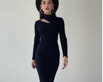 Neckline Cut-Out Dress, One Shoulder Pencil Dress, Fitted Midi Dress, High Neck Pencil Dress, Turtleneck Dress, Black New Year Dress