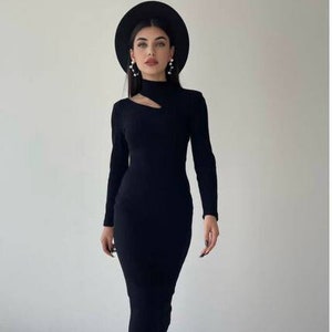 Neckline Cut-Out Dress, One Shoulder Pencil Dress, Fitted Midi Dress, High Neck Pencil Dress, Turtleneck Dress, Black New Year Dress image 1