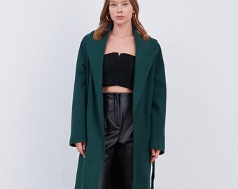 Women's Long Coat with Belt  - Green Woolen Overcoat - Premium Quality Winter Jacket