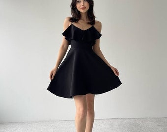Black Summer Mini Dress, Mini Dress with Off-The-Shoulder, Black Summer Wedding Guest Dress Mini
