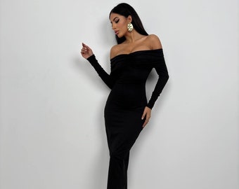 Boat Neck Gathered Maxi Dress, Long Black Dress, Party Dress, Black Formal Dress, Long Sleeve Cocktail Dress, Evening Dress