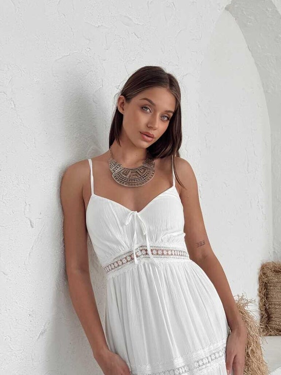 Boho White Cotton Maxi Dress: Beach Wedding Sundress - Etsy Israel