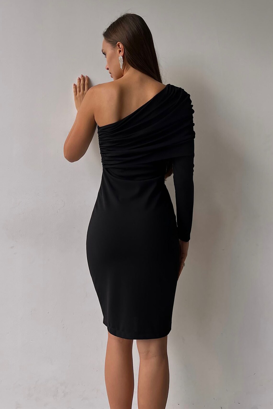 1322 Black Drape One Shoulder Dress