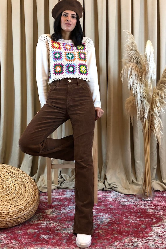 Brown Corduroy Trousers, Flare Corduroy Pants, Women Vintage Style