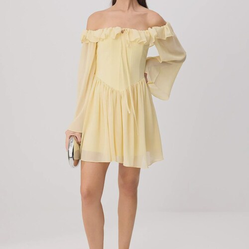 butter yellow graduation dress Butter Yellow Chiffon Off Shoulder Mini Dress, Romantic Graduation Prom Party Wear