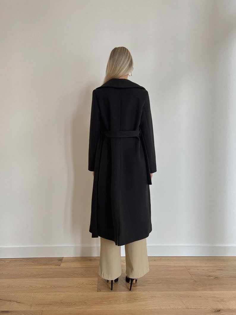 Long Woolen Coat with Belt Chic Winter Outerwear Premium Quality Lined Warm Overcoat Black Jacket image 4