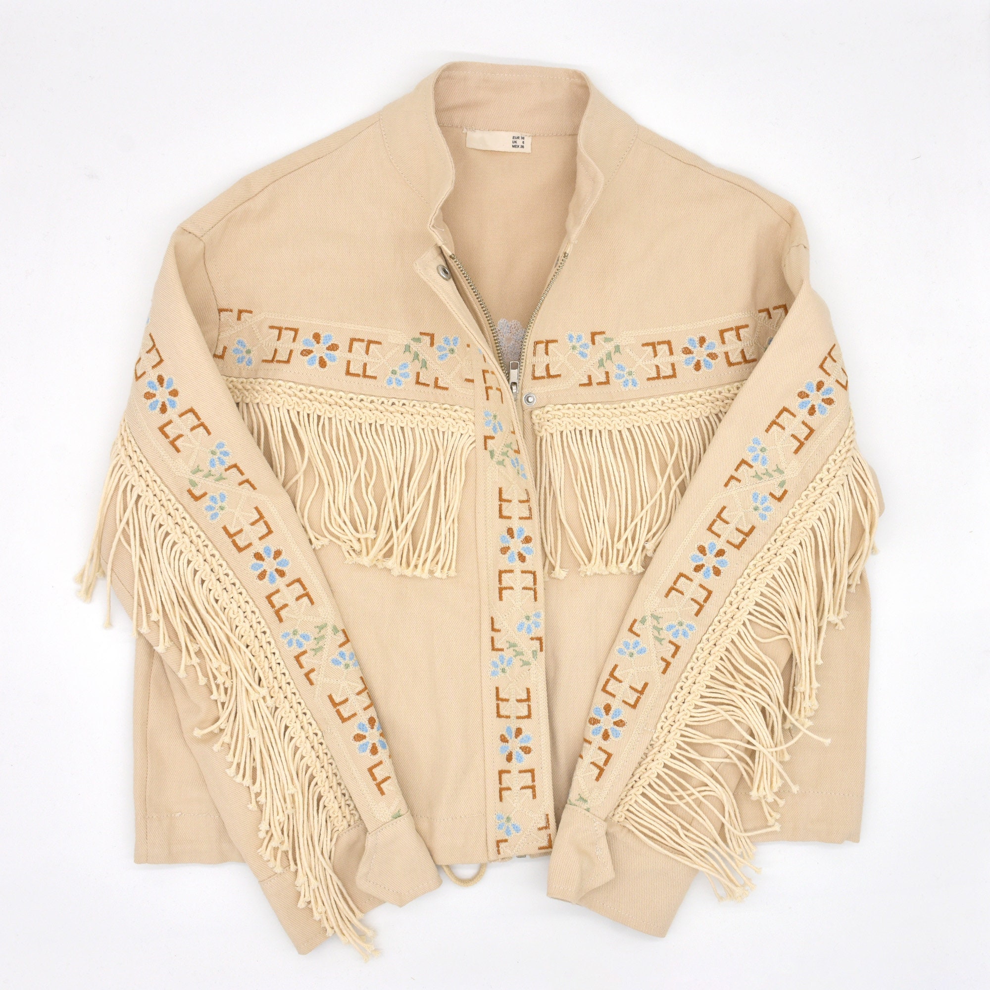 Embroidered Beige Denim Jacket, Western Style Fringe Jacket for Her ...