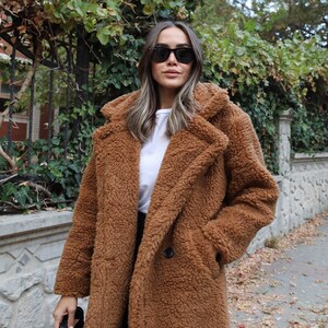 Women Single Button Teddy Midi Coat, Oversize Winter Coat, Christmas Coat, Women Warm Overcoat, Gift For Women, Long Teddy Jacket image 4