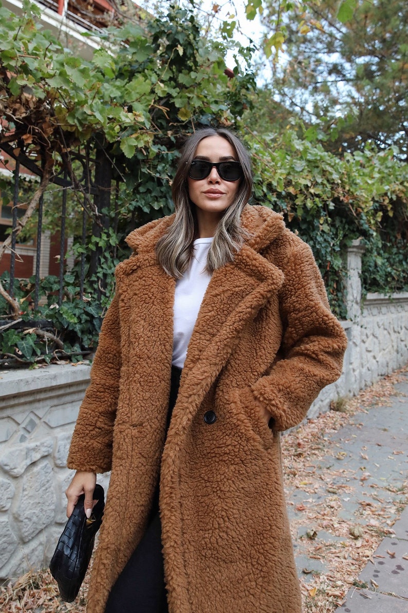 Women Single Button Teddy Midi Coat, Oversize Winter Coat, Christmas Coat, Women Warm Overcoat, Gift For Women, Long Teddy Jacket image 4